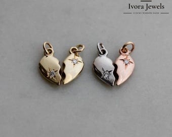 925 Sterling Silver Broken Heart Pendant Set: Diamond BFF Jewelry