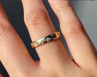 Star Engraved Sterling Silver Celestial Band Ring: Handmade Galaxy Wedding Jewelry
