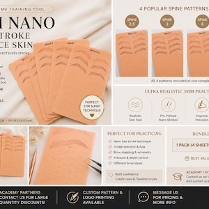 May include: Practice skin sheets for nano hair stroke technique training. The sheets are peach-colored and pre-printed with eyebrow patterns. The text on the sheets reads "3MM NANO HAIR STROKE PRACTICE SKIN". The pack includes 4 sheets with different spine patterns.