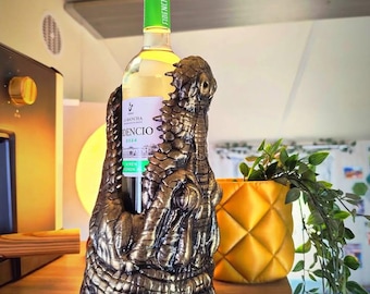 Alligator Crocodiles Head Wine Bottle Display with Antique Gold Accent Elegant Home Decor