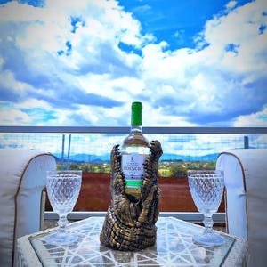 May include: A bottle of white wine in a decorative alligator wine holder, with two crystal wine glasses on a white table. The bottle has a green cap and a label that reads "FIDENCIO". The background is a bright blue sky with clouds.