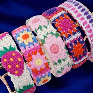Boho Hand-Knitted Colorful Floral Headband – Soft Crochet Hair Wrap, Handmade Hippie Hair Accessory