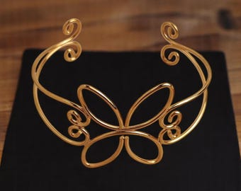 Handmade Gold Plated Butterfly Bracelet – Turkish Wire Art Jewelry, Tel Işi Traditional Cuff, Artisan Nature Inspired Bangle for Her