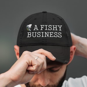 Embroidered Angler Hat: &#39;A Fishy Business&#39; Low Profile Cap, Gift for Fisherfolk