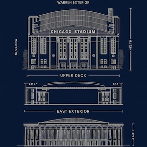 May include: Architectural blueprint of the Chicago Stadium, featuring exterior views and dimensions. The design includes the "Madhouse on Ratlicsn" and details like "Upper Deck" and "Madison Street." The stadium's operational years are noted as 1929-1994. The blueprint is in white on a dark blue background.