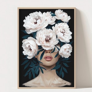 Floral Woman Digital Wall Art Download – Abstract Peony Face Portrait Print – Feminine Surreal Botanical Artwork for Home Decor