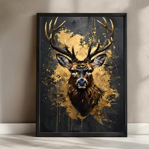 Regal Deer Head with Golden Antlers – Abstract Woodland Wall Art, Stag Print, Gold & Black Wildlife Decor, Modern Forest Animal Poster