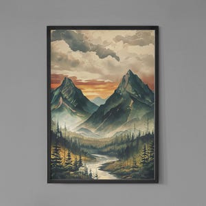 Mountain Landscape Digital Download | Nature Wall Art Printable | Forest River Sunset Art Print | Rustic Cabin Decor | Instant Download Art