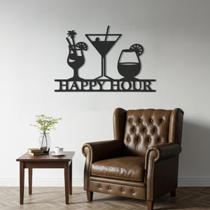 Happy Hour Metal Wall Art: Cocktail Glasses Bar Sign