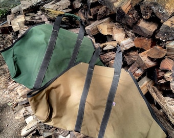 log bag, log carrier, firewood, firewood sling, clean floors, cordura, velcro closer, handmade, high quality, USA, tote bag, waxed canvas