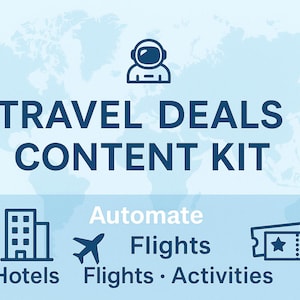 Pode incluir: Gráfico azul claro com as palavras "TRAVEL DEALS CONTENT KIT" em azul escuro. Ícones de hotéis, voos e atividades são exibidos abaixo, com a palavra "Automate" acima.