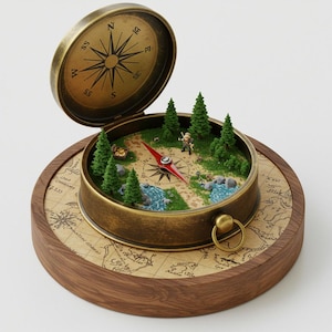 May include: A vintage-style compass with a miniature diorama inside. The diorama features a path, trees, a stream, and tiny figures. The compass is set on a wooden base with a map design. The compass has a gold-colored metal casing.