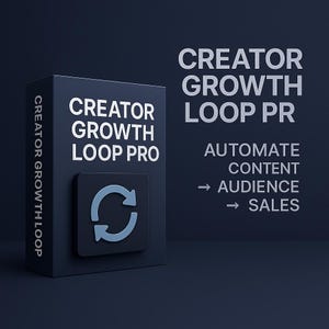 May include: A dark blue box with the text "CREATOR GROWTH LOOP PRO" and "CREATOR GROWTH LOOP" in white. A square with a circular arrow icon is on the front. The text "CREATOR GROWTH LOOP PR" and "AUTOMATE CONTENT → AUDIENCE → SALES" are also visible.