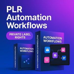 Może przedstawiać: Grafika marketingu cyfrowego z białym tekstem "PLR Automation Workflows". Obraz przedstawia dwa granatowe pudełka ze słowami "Automation Workflows" i "Private Label Rights". Tablet wyświetla ikony przepływu pracy.