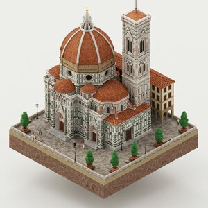 Pode incluir: Um modelo arquitetônico detalhado da Catedral de Florença, com uma grande cúpula de terracota, uma torre sineira e detalhes intrincados da fachada. O modelo inclui árvores em miniatura, postes de luz e figuras, em uma base quadrada.