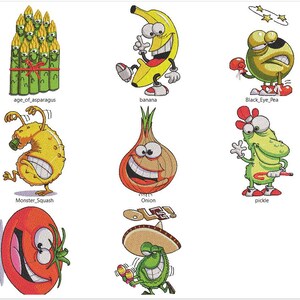 Peut inclure: Ensemble d'illustrations de dessins animés de fruits et légumes anthropomorphes. On y voit une banane souriante, un pois boxeur, une grappe de raisin, une courge, un oignon, un cornichon, une patate douce et des asperges.