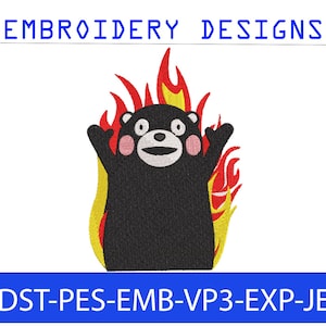 May include: An embroidery design showing a black bear-like character with pink cheeks and a surprised expression, surrounded by flames. The text "EMBROIDERY DESIGNS" is at the top, and "DST-PES-EMB-VP3-EXP-JEF" is at the bottom.