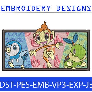 Puede incluir: Diseño bordado con tres personajes de dibujos animados dentro de un marco rectangular. Los personajes son un pingüino azul, un mono naranja y una criatura verde con forma de tortuga. Se muestra el texto "EMBROIDERY DESIGNS" y "DST-PES-EMB-VP3-EXP-JEF".