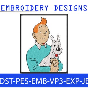 Peut inclure: Motif de broderie représentant un personnage de dessin animé aux cheveux roux et un chien blanc. Le personnage porte un pull bleu sarcelle et tient le chien. Le texte "EMBROIDERY DESIGNS" et "DST-PES-EMB-VP3-EXP-JEF" sont affichés.