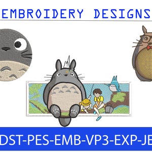 Peut inclure: Motifs de broderie représentant des personnages de dessins animés. L'image comprend trois motifs différents : un personnage rond gris avec de grands yeux, un personnage gris plus grand avec un ventre blanc et un personnage brun portant des lunettes et un nœud papillon. Le texte "EMBROIDERY DESIGNS" est en haut.