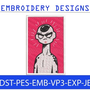 Peut inclure: Écusson brodé avec un personnage de dessin animé au regard fâché. Le fond est rose et le texte "EMBROIDERY DESIGNS" est au-dessus du personnage. Le patch comprend également le texte "DST-PES-EMB-VP3-EXP-JEF".