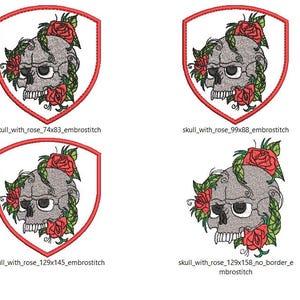 Peut inclure: Quatre motifs brodés représentant un crâne gris orné de roses rouges et de feuilles vertes. Chaque motif est encadré dans un bouclier bordé de rouge. Le texte "skull_with_rose" est inclus avec les détails de taille.