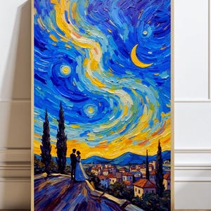 Starry Night Wall Art Van Gogh Inspired Oil Painting Print of a Romantic Night Sky with Couple Silhouette Dreamy Atmosphere,Art Lovers Gift