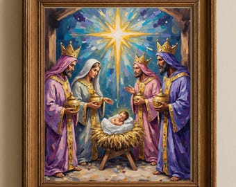 Vibrant Nativity Scene Wall Art Print with Three Wise Men Presenting Gifts in a Celestial Setting, Adoration of the Magi Poster