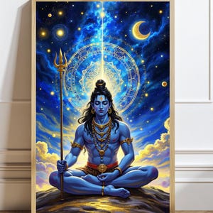 Op de afbeelding: Een ingelijste print met een blauwhuidige godheid in een meditatieve pose, met een drietand. Het kunstwerk heeft een hemelse achtergrond met een maan, sterren en een gloeiende mandala. Het figuur is versierd met gouden sieraden.