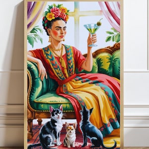 Frida Art Print Relaxing with Her Pets and a drink,Colorful  Wall Art of Iconic Mexican Artist,Frida Bold Expressions and Vibrant Aesthetics