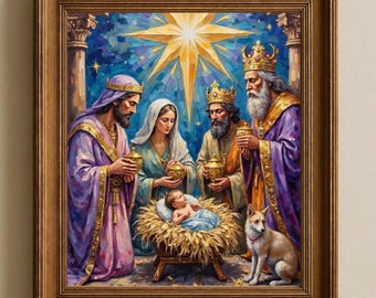 Three Wise Men Gift Offering Wall Art, Nativity Scene Poster, Baby Jesus Birth Printable Home Decor