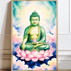 May include: A framed watercolor print of a seated Buddha figure. The Buddha is depicted in shades of green, seated on a pink lotus flower, against a backdrop of clouds and a radiant light. The artwork is encased in a light brown wooden frame.