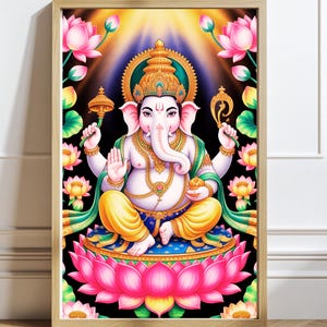 Colorful Lord Ganesha Lotus Flower Art Print for Home Decoration, Ganesh Murti Wall Art,Hinduism and New Beginnings, Ganesh Ji Spiritual Art