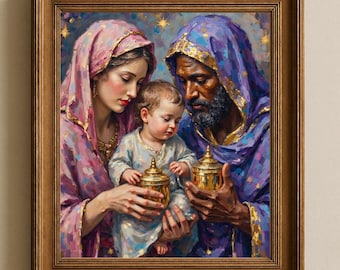 Adoration of Magi Print, Wise Men Worship Jesus Wall Art, Christmas Nativity Scene Painting
