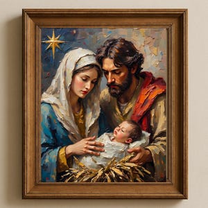 Puede incluir: Pintura enmarcada que representa una escena religiosa. La obra presenta a un hombre y una mujer mirando a un bebé envuelto en tela blanca, en un lecho de paja. La pintura tiene una paleta de colores cálidos con una estrella en el fondo.
