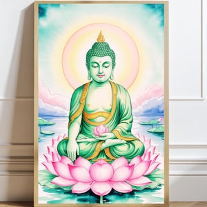 May include: A framed watercolor print of Buddha seated on a pink lotus flower. The Buddha figure is depicted in shades of green and gold, with a serene expression. The background features a soft, glowing sun and a serene landscape.