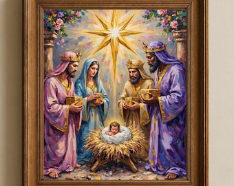 Three Wise Men Gift Offering Wall Art, Messiah Birth Adoration Print, Nativity Scene Painting
