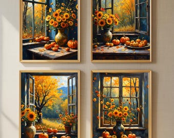 Arte de parede de outono Cottagecore - Natureza morta de abóbora e flores com decoração de parede com charme rústico - Conjunto para impressão de paisagens de outono para decoração de casa