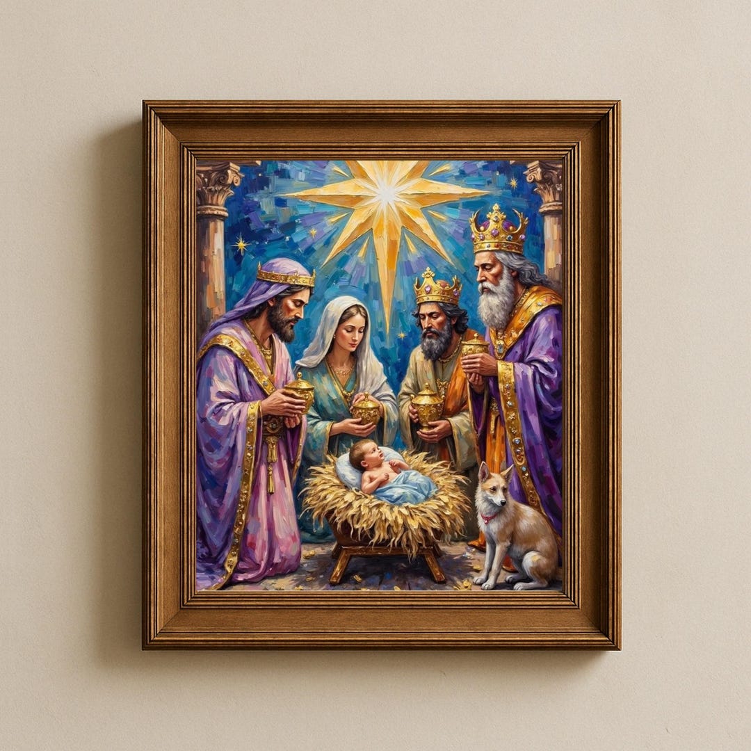 Three Wise Men Gift Offering Wall Art, Nativity Scene Poster, Baby ...