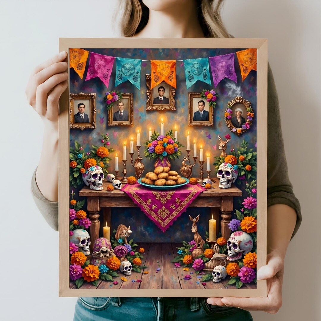 Vibrant Dia De Los Muertos Altar Wall Art With Pan De Muerto, Sugar ...
