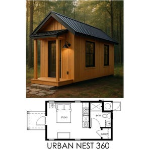 May include: A small, wooden cabin with a black roof and trim, set against a backdrop of trees. The cabin has a porch with a light fixture. Below is a floor plan labeled "Urban Nest 360."