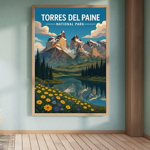 Affiche numérique du parc national Torres del Paine, peinture du Chili, affiche Torres del Paine, art de la peinture Torres del Paine, impression numérique Torres del Paine