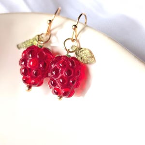 Raspberry Earrings – Gold Hook Earrings with Realistic Resin Berry & Leaf Charm, Fruit Jewelry, Cottagecore Earrings, Garden Gift for Her