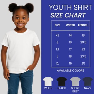 May include: A young person wearing a white t-shirt and blue jeans. A size chart for youth shirts is displayed, with measurements in inches. Available colours include white, black, sport grey, and navy.