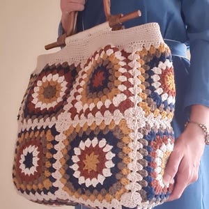 Crochet Granny Square Tote Bag: Handmade Boho Handbag with Bamboo Handles