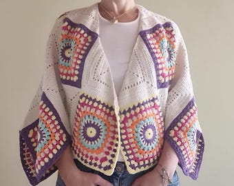 Handmade Crochet Granny Square Cardigan: Cream & Colorful Boho Jacket