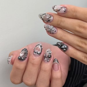 Mystical White Press On Nails,Silver Enigmatic Patterns, Artistic Nails with High Quality,Goth, Gothic,Y2K Inspired Nail Art