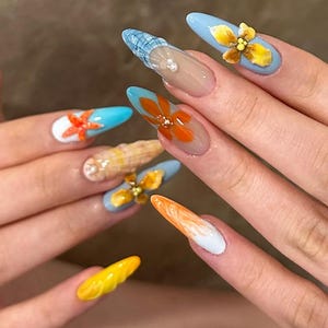 Tropical Ocean 3D Flower Press-On Nails /summer nails/Hand painted Fake Nails/luxury press on nails/y2k nails/abstract nails
