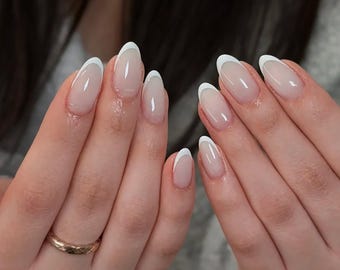 Milky White Press on Nails/Simple French Nails/Medium Almond Nails/White French Tips/Minimalist Nails