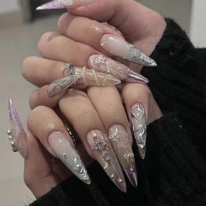 Milky White Pink Pearlescent Nails, Luxury Nails,Baroque Pearl & Gold Filigree, Hand Made Elegant Gold Nails, Acrylic Wedding Bridal Nails